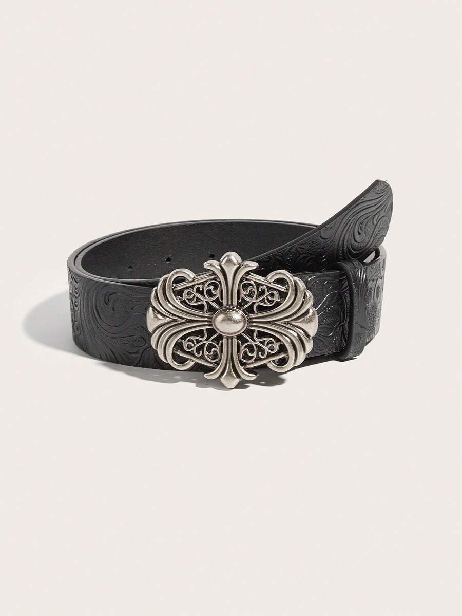 1件装 西式时尚百搭新款压花花卉男女通用休闲腰带，复古风 - 黑色 - 查看 1