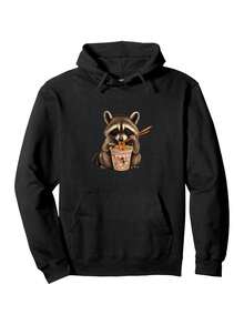 Sudadera con capucha de patrón de taza de fideos instantáneos de mapache divertido - Negro - Ver 1