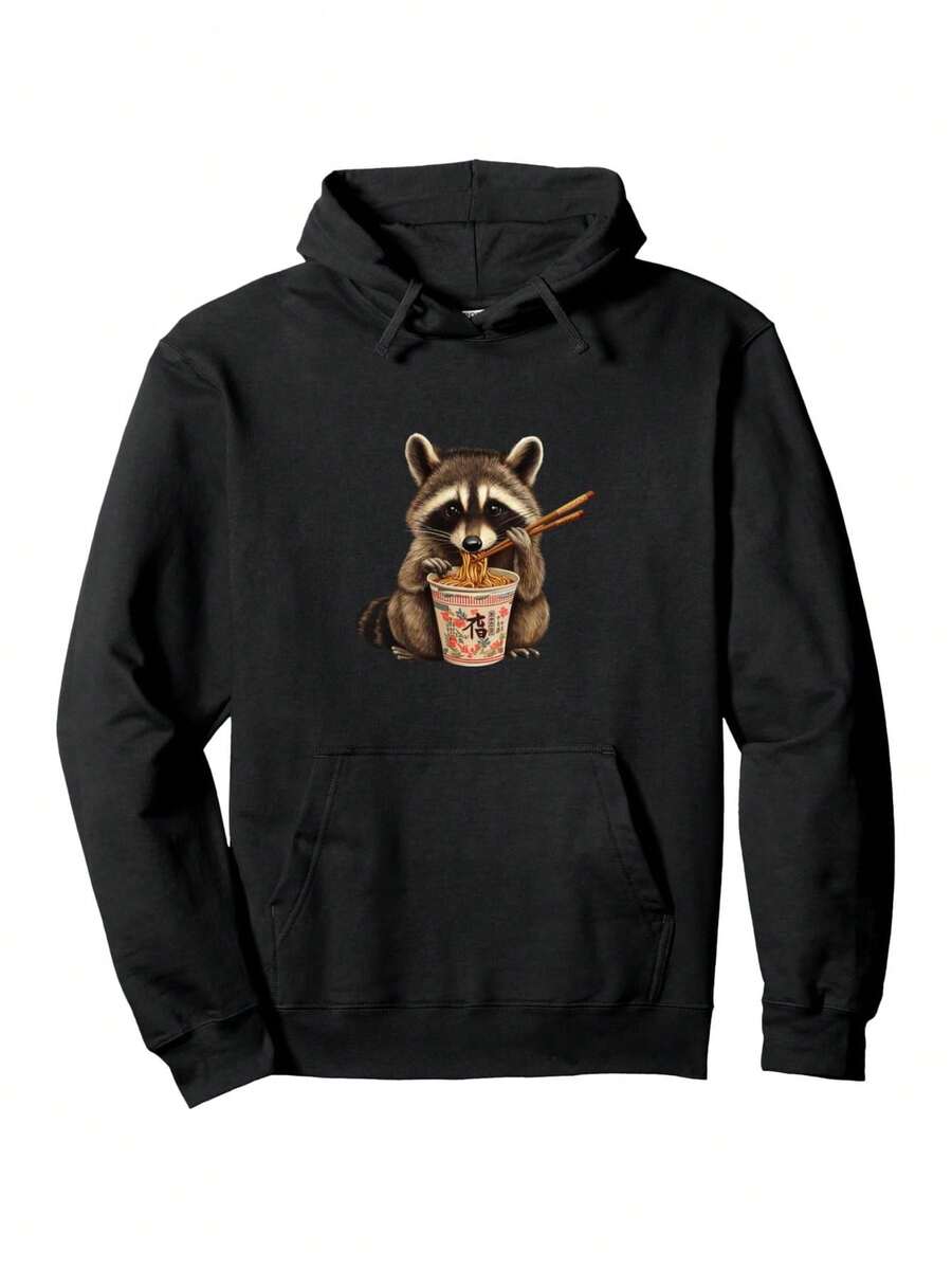 Sudadera con capucha de patrón de taza de fideos instantáneos de mapache divertido - Negro - Ver 1