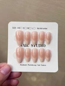 10片/盒 Y2K 手工中杏仁色乳白色渐变法式美甲贴纸，加厚款，包含1片果冻胶和1个指甲锉，手工美甲，适合女性和女孩日常、派对和聚会美甲。 - 杏色 - 查看 10