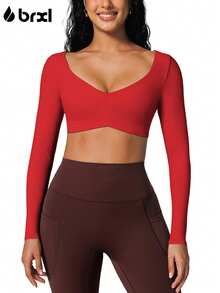 BRXL Long Sleeve Crop Tops For Women Built In Bra Padded Yoga Shirts Deep V Neck Buttery Soft Slim Fit Workout Pilates Gym - 紅色 - 查看 2