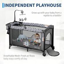 4 en 1 Pack and Play Cuna de bebé portátil para dormir junto a la cama con puerta cremallera, mesa de cambio de bebé, ruedas de bloqueo, almacenamiento inferior y barra de juguetes para niños pequeños, gris - Gris Oscuro - Ver 4