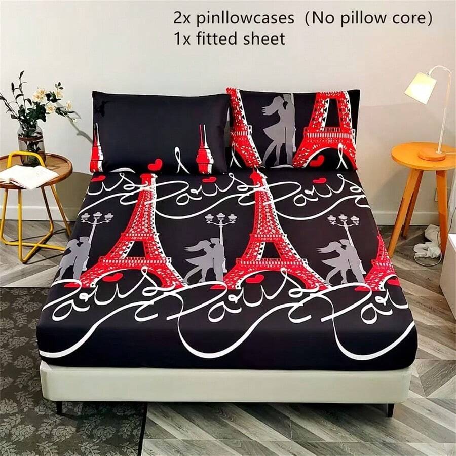 3pcs Eiffel Tower Striped Digital Print Bedding Set, Includes 1pc Fitted Sheet + 2pcs Pillowcases (No Filling), Suitable For Bedroom, Guest Room - Multicolor - View 1