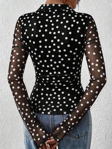 Women Button Down Floral Shirts  Fall Long Sleeve V Neck Ruched Fitted Mesh Blouse Tops Date Outfits Valentine's Day Vacation Fall Clothes For Women - Black Background With White Polka Dots - View 2