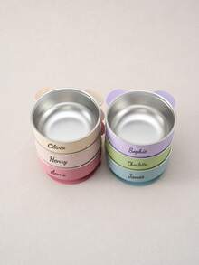 1pc Personalized Customization Name Silicone Children Bowl With Bear Design Removable Stainless Steel Inner Bowl Suction Base Self-Feeding Portable Kids Tableware - Multicolor - View 3