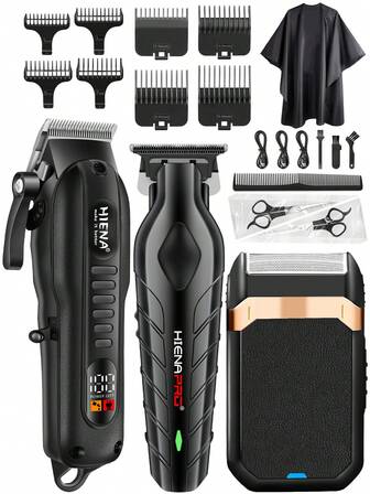  HIENA Professional Men's Haircut And Shaver Set - 3pcs/2pcs/1pc Option, USB Rechargeable Cordless Haircutting Tools With LED Display, Lithium Battery, Mini Clipper, Suitable For Beginner Barbers And Home Use, Great Gift For Festivals