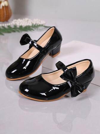1 par de zapatos Mary Jane de tacón medio retro negros para niñas, zapatos de charol brillante con lazo y correa de tobillo con decoración lateral, adecuados para fiestas, uso diario, actuaciones de piano, vestidos escolares