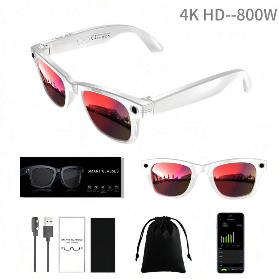 FONADA AI Smart Glasses For Men Women, 800w Camera Glasses, Real-Time Translation, Ai Object Recognition, Bluetooth Audio, Voice Assistant, IP67 Waterproof, Blue Light Glasses For Android And IOS,Ideal Christmas, New Year's Day, Valentine's Day, Father's Day, Mother's Day And Birthday Gifts - 白色鏡框配紅色鏡片-800瓦 - 查看 1