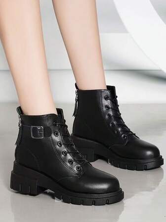 Women's Black Combat Style Low Heel Boots, Suitable For Pairing With Any Jeans, Front Lace-Up Design, Women's Boots, Autumn/Winter
