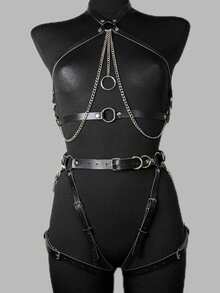 1 Set Women Gothic Style Black PU Leather Suspender, Suitable For Halloween Party, Celebration - Black - View 5