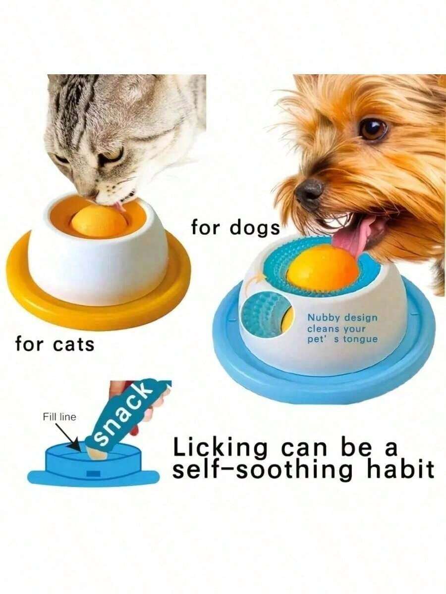 Yellow Cat Licking Feeder Blue Dog Licking Feeder Includes Yogurt Licking Feeder & Slow Feeder Bowl, Suitable For Cats & Dogs - Bicolor Interactive Treat Bowl, Helps Promote Dental Health And Mental Stimulation, Made Of Durable Plastic, Pet Licking Feeder, Pet Treat Time, Cute & Fun Pet Design, Smooth Surface