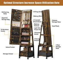 Joyero giratorio de 360° con luz LED, espejo de cuerpo entero giratorio de 167 cm con espacio de almacenamiento y cajón, organizador de joyas con cerradura para niñas y mujeres, color marrón rústico. - Marrón - Ver 6
