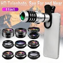 LIGINN 12合1金属镜头套装：包含长焦、广角、鱼眼、微距、CPL、星芒滤镜+通用夹，兼容及大多数智能手机，适用于高清旅行和户外摄影