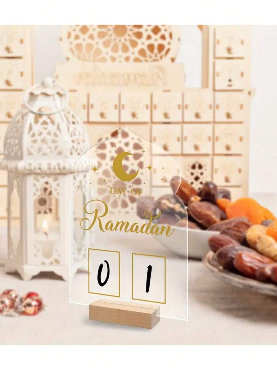 1 Set Acrylic Ramadan Countdown Calendar, With Wooden Base And Pen, Ramadan Mubarak Countdown Calendar, Middle Eastern Holiday Countdown Calendar Stand, Suitable For Islamic Celebration Ramadan, Eid Al-Fitr - Multicolor - View 1
