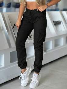 ChicMe Women's Cargo Pants, Drawstring Elastic Waist, Multiple Flap Pockets, Zipper Fly, Elastic Hem, Casual Daily Wear - Black - View 5