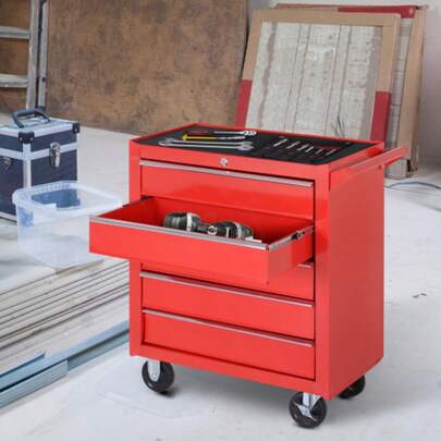 Workshop Trolley With Wheels, Tool Trolley With 5 Drawers, Lockable Rolling Trolley With EVA Mat, Mobile Assembly Trolley, Max. Load 150 Kg, Steel, Red, On-Site