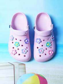 2025新款儿童青少年木屐，DIY花朵装饰，时尚可爱夏季男女宝宝凉鞋，EVA儿童沙滩鞋，亲子装，休闲穿着，上学穿，防滑耐穿，多功能 - 粉色 - 查看 6