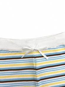 Conjunto de 2 piezas de top sin mangas acanalado y pantalones cortos de punto con cordón en la cintura, de estilo casual y versátil con rayas de colores, para primavera/verano - Multicolor - Ver 10