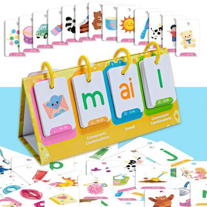 儿童拼读闪卡套装 - 桌面教育卡片，儿童元音/辅音拼读拼写游戏，带插图和收纳架，学前英语学习玩具，返校用品（颜色和细节随机）