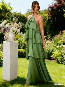 Halter Maxi Dress With Layered Ruffles And An Open Back Neckline. - Olive Green - View 1