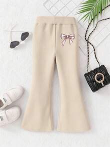 2pcs/Set Girls Leopard Print Bow Decor Short Sleeve T-Shirt And Flare Pants Set, Suitable For Spring/Summer - Apricot - View 4