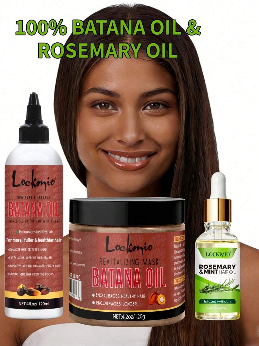 120g Batana Hair Oil + 120ml Batana Essential Oil + 30ml Rosemary Oil Set, Cold-Pressed, Enriched With Biotin, Castor Oil, Rosemary And Peppermint, Nourishes Scalp And Hair, Strengthens Strands, Prevents Breakage And Split Ends, Repairs Dry Damaged Hair, Leaves Hair Glossy And Healthy, Deeply Nourishing, Suitable For All Hair Types - Green - View 1