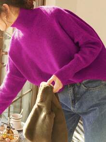 Knit Mix 优雅女士高领宽松针织毛衣，适合秋冬季节穿着，加厚长袖套头衫，复古风格，适合圣诞节、新年、感恩节、情人节、返校季、冬季、秋季等场合。 - 紫色 - 查看 2