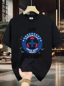 100% Camiseta para Hombre - Manga Corta, Cuello Redondo, Impresión Digital, Cómoda para Todas las Estaciones, Lavable a Máquina, Ideal para Salidas Diarias, Cuello Redondo, Diseño Circular, Camiseta Casual de Verano Muscle Freaks Cruz Azul Estilo México para Fanáticos del Deporte - Negro - Ver 1