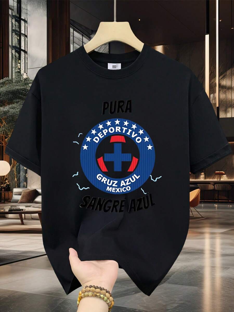 100% Camiseta para Hombre - Manga Corta, Cuello Redondo, Impresión Digital, Cómoda para Todas las Estaciones, Lavable a Máquina, Ideal para Salidas Diarias, Cuello Redondo, Diseño Circular, Camiseta Casual de Verano Muscle Freaks Cruz Azul Estilo México para Fanáticos del Deporte - Negro - Ver 1