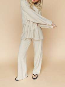 Women's Striped Oversized Loungewear Set - Long Sleeve Top  Wide-Leg Pants Two-Piece - Apricot - View 3