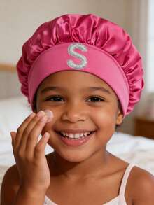1顶幼儿/儿童26字母光滑缎面睡帽，时尚舒适，透气防滑，日常护发帽 - 玫紅色 - 查看 2