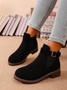 2025 Bestselling Black Boots For Women, European Style Low Heel Strap Buckle Short Boots, Plus Size Chunky Heel Chelsea Boots, Fashion & Comfortable Versatile - Black - View 2