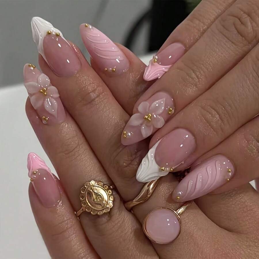 24pcs 3D Push-On Nails With Almond Shaped Medium Length Press Nails - Detachable Nail Art Suitable Parties, Weddings, Prom - 3D Flower,, Lily & Designs - Application With Tools Included (Women's Nail) - 3D立體雕刻法式 - 查看 1