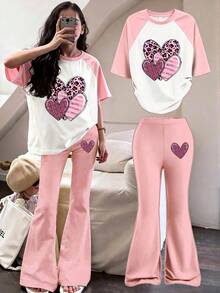 This 2-Piece Set Includes A Cute Pink Leopard Print Heart Graphic Short Sleeve T-Shirt And A Flare Leg Pants, Very Suitable For Girls To Wear In Spring And Summer. This Is A Charming Top And Bottom Outfit Set Full Of Youthful Appeal. - Pink - View 3