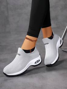 Women Comfortable Knit Walking Shoes Air Cushion Slip On Sneakers - Grey - View 1