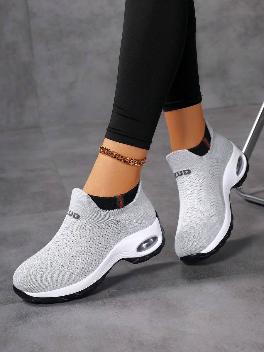 Women Comfortable Knit Walking Shoes Air Cushion Slip On Sneakers - Grey - View 1