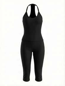 LovelyWholesale Women's Casual V-Neck Ribbed Knit Tank Top And Fitted 7/8 Pants 2 Pieces Set, Summer - Black - View 3