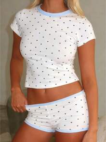 Womens 2 Piece Polka Dot Print Pajamas Sets Half Sleeve Round Neck Crop Camisoles Tank Tops With Elastic Midi Shorts Sets Pj Sleepwear Going Out Outfits - trắng - Xem 1