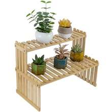 Plant Stands & TablesMyGift- Soporte para Plantas de Bambú Natural para Interior Estante Organizador de Escritorio de 2 Niveles Rack Decorativo con 2 Repisas Ranuradas para Macetas y Decoración - Bambú natural - Ver 1