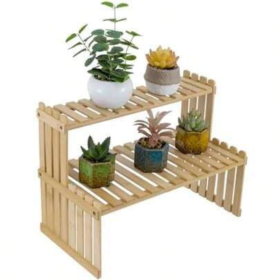 Plant Stands & TablesMyGift- Soporte para Plantas de Bambú Natural para Interior Estante Organizador de Escritorio de 2 Niveles Rack Decorativo con 2 Repisas Ranuradas para Macetas y Decoración