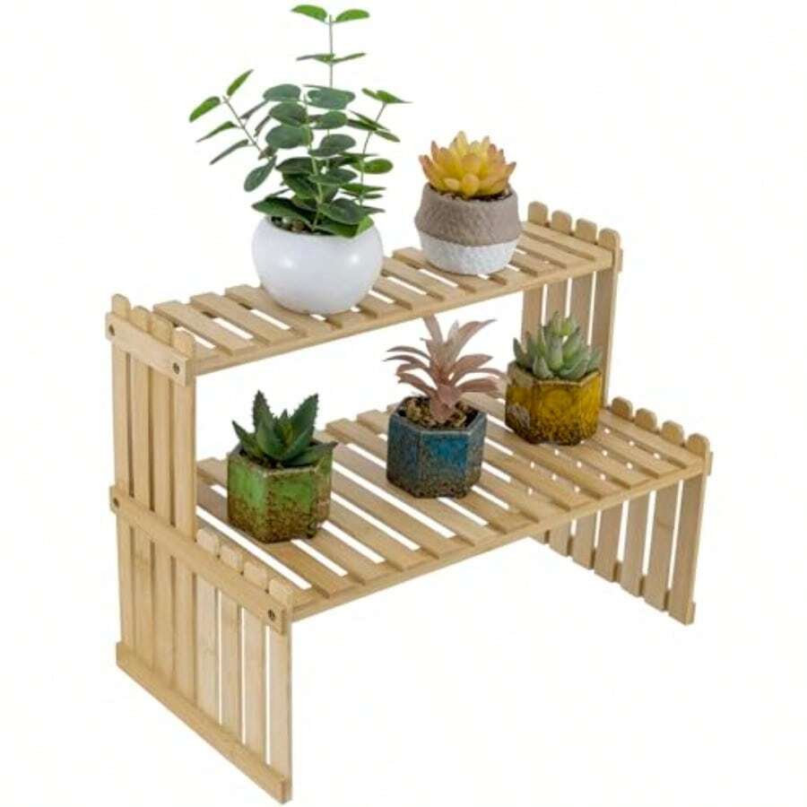 Plant Stands & TablesMyGift- Soporte para Plantas de Bambú Natural para Interior Estante Organizador de Escritorio de 2 Niveles Rack Decorativo con 2 Repisas Ranuradas para Macetas y Decoración - Bambú natural - Ver 1