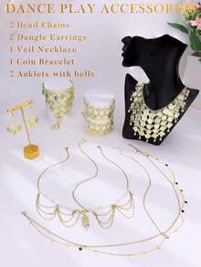 8件套肚皮舞首饰套装，女士肚皮舞金色亮片头链、硬币项链、耳环、手链、波西米亚流苏脚链、手镯、脚链、硬币面纱项链、头饰、配饰 - 金色 - 查看 7
