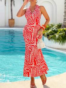 Women's Seaside Vacation Low V-Neck Red Print Mermaid Dress With Cross-Backless Design(Random Printing) - Red - View 3