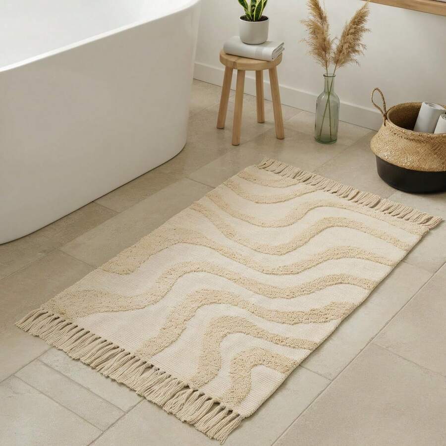 Hermosa alfombra bohemia con flecos para tu baño - Suave alfombra de algodón de 2 x 3 pies que encaja perfectamente en tu baño - Lavable, alfombra antideslizante de color crema ideal para realzar cualquier decoración del hogar moderna, 24 x 36 pulgadas - Multicolor - Ver 1