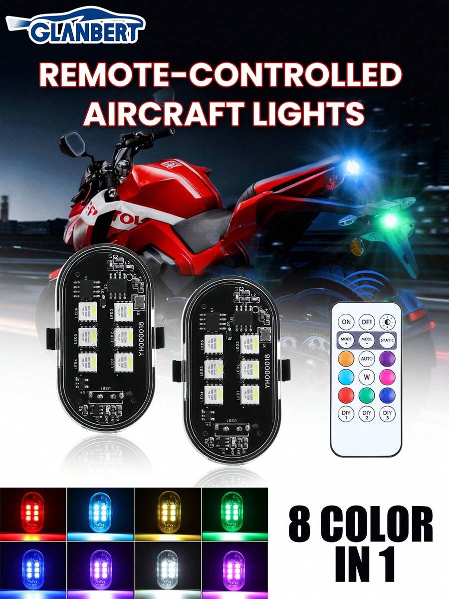 أضواء LED لاسلكية مطورة 6/4/2 قطعة، أضواء زخرفية للسيارة، مع جهاز تحكم عن بعد، أضواء صغيرة 8 ألوان شحن USB أضواء تحذير طوارئ LED مضادة للتصادم للسيارة والدراجة النارية والطائرة بدون طيار والطائرة والدراجة