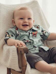 Baby Boys Western Shirts Short Sleeve Horse/Boots Print Button Down Shirts Toddler Summer Tops - Màu xanh lam - Xem 2