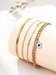 Nooxian 4pcs/Set Multi-Layer Gold-Tone Chain With Evil Eye Pendant Anklet, Unique Original Women Foot Jewelry Gift (Bead Quantity Random) - Yellow Gold - View 2