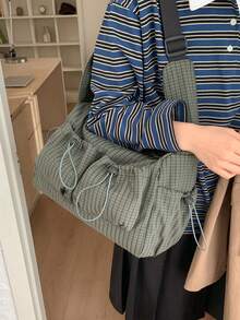 Lightweight Foldable Plaid Shoulder Bag, Casual Versatile Multi-Pocket Sweet Style Crossbody Bag, Suitable For School, College, Shopping, Short Trip, Zipper Closure, Drawstring, Pleated Crescent Design - Multicolor - View 5