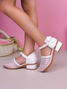 1 Pair Children's High Heel Sandals, Mesh Breathable Material, Cute Bow & Pearl Decor, Suitable For Party, Vacation, Evening Dress - White - View 4