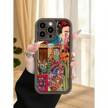 Diseño FridaKahlo estilo mexicano con flores, cactus y arte tradicional funda de teléfono  soft case, protección completa antideslizante y anti-caída, compatible con for  11,12,13,14,15,16,MINI,PLUS,PRO,PROMAX,16E,X,XS,XR,XSMAX - Marrón - Ver 46